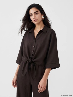 LC Waikiki Lcw Vision Kahverengi Crop Keten Karışımlı Kadın Gömlek