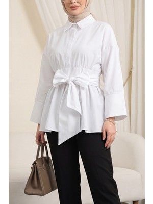 Moda Morfo Beli Korsajlı Gizli Patlı Kuşaklı Poplin Tunik -Beyaz