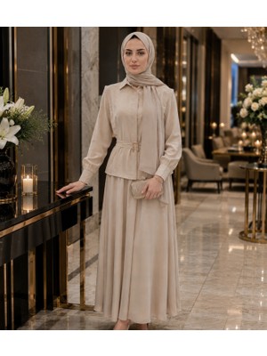 Budan Export Kadın  Gold Toka Kemer Detaylı Peplum Bluz Kloş Etekli Gömlek Yaka Uzun Kol Tesettür Ikili Takım