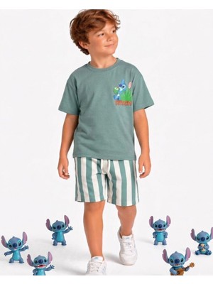 Cg Kids Stitch Baskılı Erkek Çocuk Tshirt Şort Alt Üst Takım Sırt Baskı Detaylı