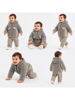 İkikareshop 6/24 Ay Deri Detaylı Ceketli Kuzu Bebek Takımı