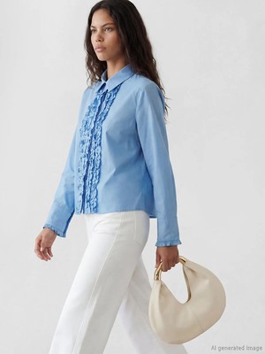 LC Waikiki Lcw Modest Mavi Fırfırlı Kadın Gömlek