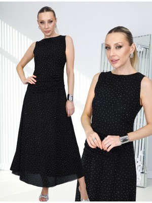 Qimya Butik Buketli Kadın Kolsuz Yuvarlak Yaka Drapeli Taş Işli Maxi Boy Uzun Tül Elbise