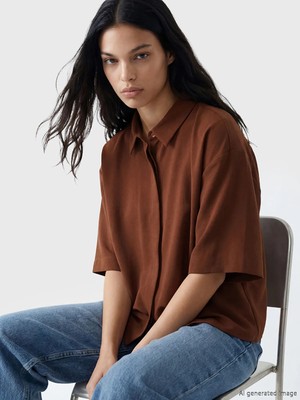 LC Waikiki Lcw Vision Kahverengi Oversize Armürlü Kadın Gömlek