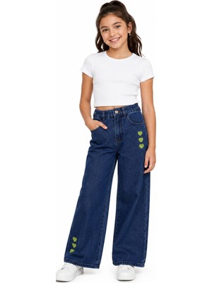 İrem Çocuk Giyim Kız Çocuk Beli Lastikli Geniş Paça Model Kalp Nakışlı Lacivert Renk Kot Pantolon