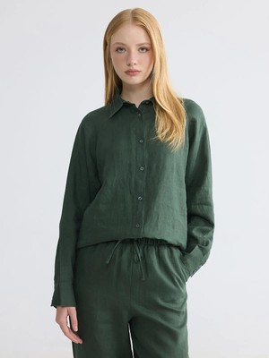 LC Waikiki Lcw Modest Yeşil Kadın Keten Gömlek