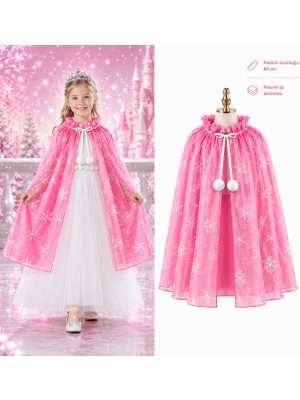 Colezium Kar Tanesi Desenli Pembe Elsa Pelerini - Astarlı Frozen Pelerini 85 cm