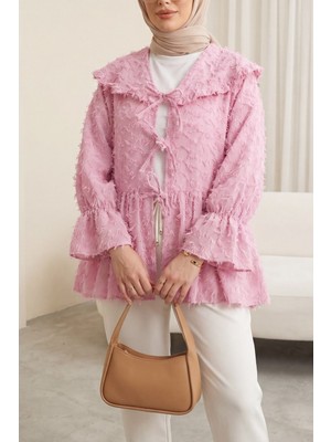 Moda Morfo Önü Bağcıklı Tüylü Dokulu Clip Jakar Kimono -Pembe