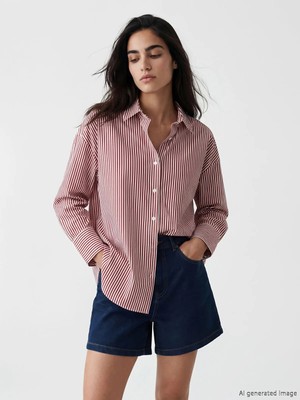 LC Waikiki Lcw Vision Mürdüm Çizgili Oversize Poplin Kadın Gömlek