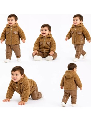 İkikareshop 6/24 Ay Deri Detaylı Ceketli Kuzu Bebek Takımı