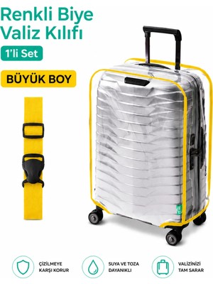 Trink Çanta Şeffaf Valiz Koruyucu Kılıf ve Valiz  Kemeri * 1'er Adet  *  Sarı - Büyük