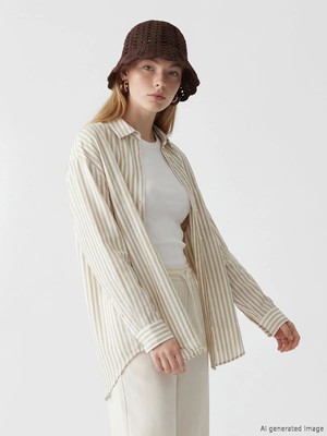LC Waikiki Xsıde Bej Çizgili Oversize Keten Karışımlı Kadın Gömlek