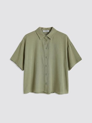 LC Waikiki Xsıde Haki Oversize Keten Karışımlı Kadın Gömlek
