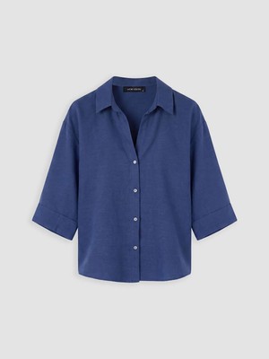 LC Waikiki Lcw Vision Indigo Oversize Keten Karışımlı Kadın Gömlek