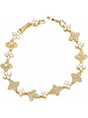 Serelya Pirinç Zirkon Taşlı ve Mineli Yonca Model Gold Renk Kadın Bileklik