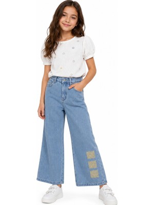 İrem Çocuk Giyim Kız Çocuk Beli Lastikli Geniş Paça Model Fermuar Kapamalı Sol Paça Nakış Işlemeli Likrasız Mavi Renk Kot Pantolon