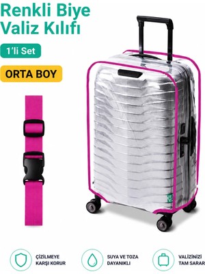 Trink Çanta Şeffaf Valiz Koruyucu Kılıf ve Valiz  Kemeri * 1'er Adet  *  Pembe - Orta