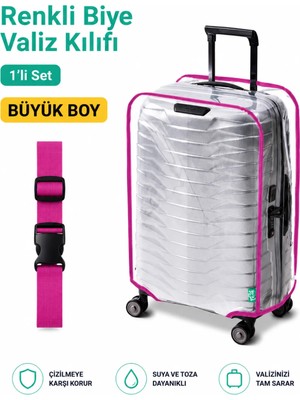 Trink Çanta Şeffaf Valiz Koruyucu Kılıf ve Valiz  Kemeri * 1'er Adet  *  Pembe - Büyük