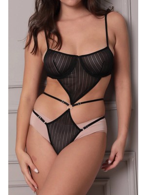 Intive Lingerie Transparan Siyah Dekolteli Balenli Fantazi Iç Giyim Body TM1408