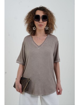 Zelish My Sister Kahve Simli V Yaka Yıkamalı Modal Tshirt