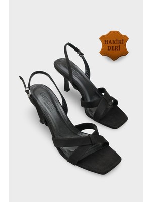 Capone Outfitters Roxana Hakiki Deri Astarlı Küt Burunlu Çapraz Bantlı Orta Topuklu Şık Kadın Ayakkabı