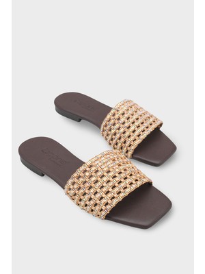 Capone Outfitters Faina Küt Burunlu Taşlı Düz Topuklu Kadın Terlik