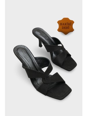 Capone Outfitters Sissy Hakiki Deri Astarlı Küt Burunlu Çapraz Bantlı Orta Topuklu Şık Kadın Terlik