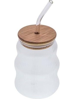 500ML Bambu Kapaklı Cam Bardak, Cam Pipetli Silikon Kapak Contalı Ince Çizgi Desenli Soğuk Içecekler Için Kahve Meyve Suları ve Çayları Için Ergonomik Şık Tasarım