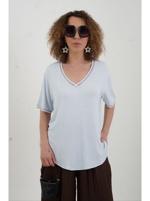 Zelish My Sister Mavi Simli V Yaka Yıkamalı Modal Tshirt