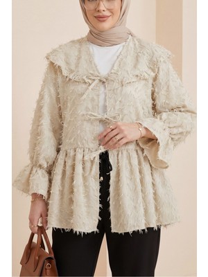 Moda Morfo Önü Bağcıklı Tüylü Dokulu Clip Jakar Kimono -Bej