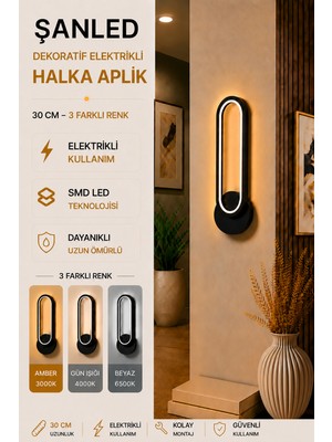 ŞANLED Dekoratif 20W Halka Modeli Iç Mekan 3 Renkli Işık Elektrikli 30 cm Duvar Aplik