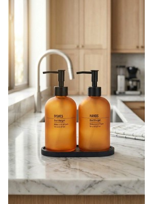 Shuvae Home 2’li Cam Sıvı Sabunluk Seti 500 ml – Bambu Standlı Mutfak Deterjanlık & El Sabunluğu