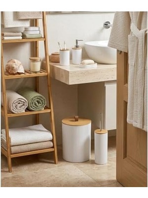 Bliss Store 5 Parça Yuvarlak Banyo Seti, Bambu Kapaklı, Beyaz, Hacim: 7 Litre