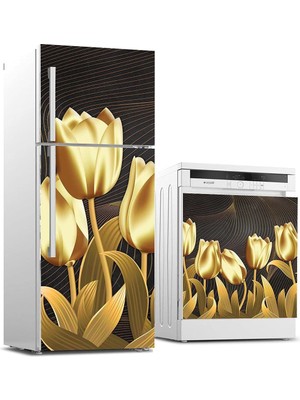 Bliss Store Buzdolabı ve Bulaşık Makinası Beyaz Eşya Kaplama Altın Çiçekler