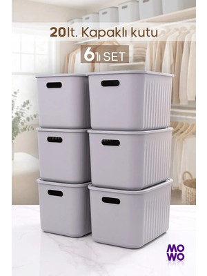 Mowo Home Bigbox 20 Lt 6'lı Gri Dolap Düzenleyici Kapaklı Saklama Kutusu Sepet Organizer Oyuncak Kutusu