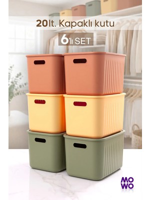 Mowo Home Bigbox 20 Lt 6'lı Mix Dolap Düzenleyici Kapaklı Saklama Kutusu Sepet Organizer Oyuncak Kutusu