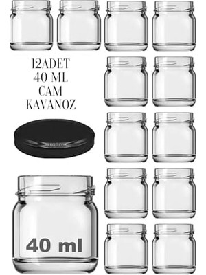 Bliss Store 12 Adet 40 ml Siyah Metal Kapaklı Şeffaf Numune Mama Ek Gıda Şekerleme Reçellik Küçük Cam Kavanoz