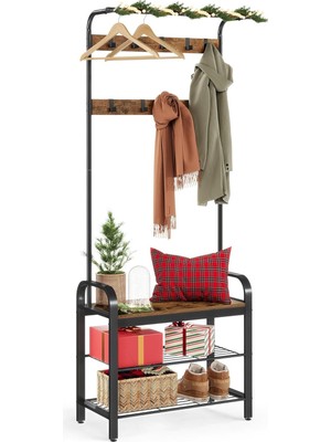 Bliss Store Vasagle, Ayakkabı Tezgahı, 4'ü 1 Arada Tasarım, 9 Çıkarılabilir Kanca, 33.7 x 72 x 183 Cm, Endüstriyel Tasarım, Kahverengi - Siyah HSR40BB