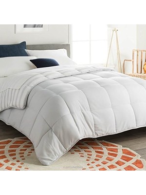 Bliss Store (California, Grey/ Stripe) - Reversible Alternative Quilted Comforter With Corner Duvet Tabs - Cal Size