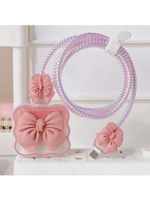 Bliss Store Psr Aksesuar Şarj Aleti Kılıfı & Kablo Koruyucu Set – 18W/20W Uyumlu | Adaptör Kılıfı, Kablo Düzenleyici, Şarj Ucu Koruyucu – 4'lü Set (Pembe Kurdele)