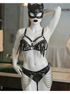 Bliss Store Sınırsızmarket Kadın Deri Görünümlü Kedi Maskeli Kostüm Seti, Siyah, Saçaklı Harness Bra, Zincirli Kemer, 3'lü Set