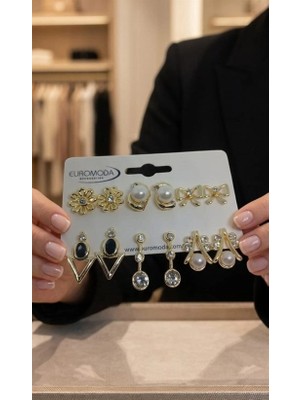 twingold Gold Renk Çiçek Papyon Figürlü 6'lı Küpe Seti