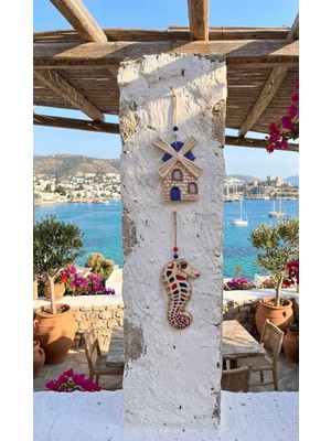 Fi Hediyelik El Yapımı Marine Seramik Duvar Teras Balkon Dekoru Seti 2’li Yel Değirmeni ve Deniz Atı