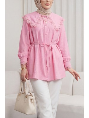 Moda Morfo Bebe Yaka Fistolu Beli Bağcıklı Modal Tunik -Pembe