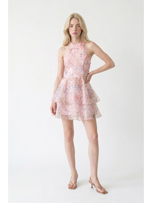 Quzu Çiçek Desenli Organze Mini Elbise Pembe