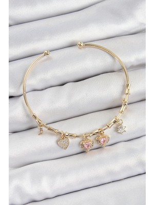 TKÇ Mey Ithalat® Pirinç Zirkon Taşlı Pembe Kalp Model Gold Renk Charm Bileklik
