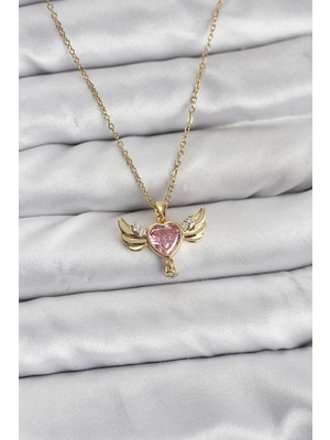TKÇ 316L Çelik Zincir Gold Renk Kanatlı Kalp Model Zirkon Taşlı Kadın Kolye