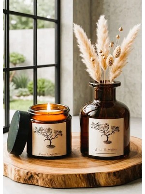 2li Set Amber Kahverengi Dekoratif Cam Şişe Vazo Kavanoz 150ML(ÇİÇEKSİZ)+ Amber Mum 100CC