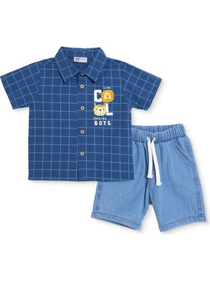 Hellobaby Erkek Bebek Gömlek-Şort Hayvan Baskılı Düğmeli Gömlek Yaka Short Sleeve Patiksiz