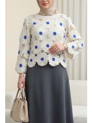 Moda Morfo Kayık Yaka Papatya Desenli Triko Bluz  -Saks